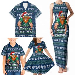 Personalized Canberra Raiders Christmas Family Matching Tank Maxi Dress and Hawaiian Shirt Australian Rugby Fans - Pixelated Ugly Xmas Pattern Mascot Santa