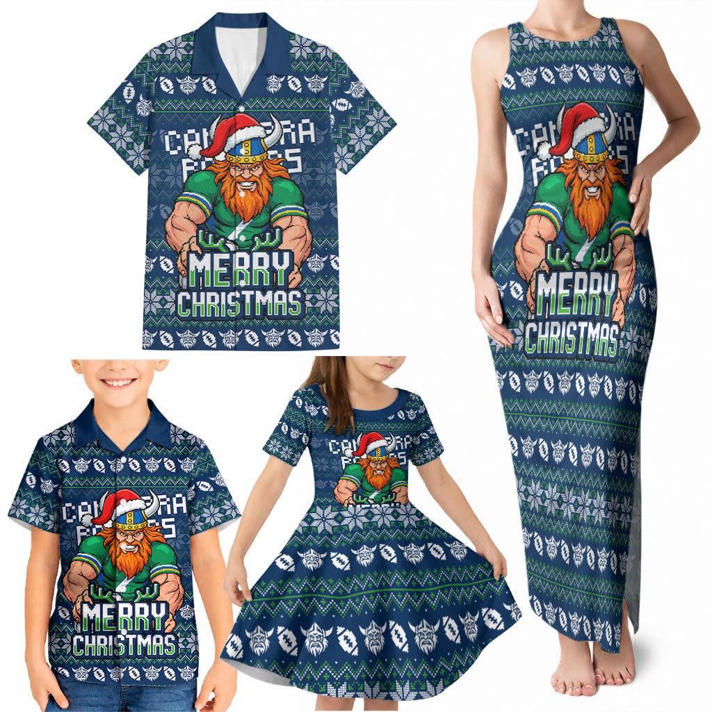 Personalized Canberra Raiders Christmas Family Matching Tank Maxi Dress and Hawaiian Shirt Australian Rugby Fans - Pixelated Ugly Xmas Pattern Mascot Santa