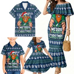 Personalized Canberra Raiders Christmas Family Matching Mermaid Dress and Hawaiian Shirt Australian Rugby Fans - Pixelated Ugly Xmas Pattern Mascot Santa