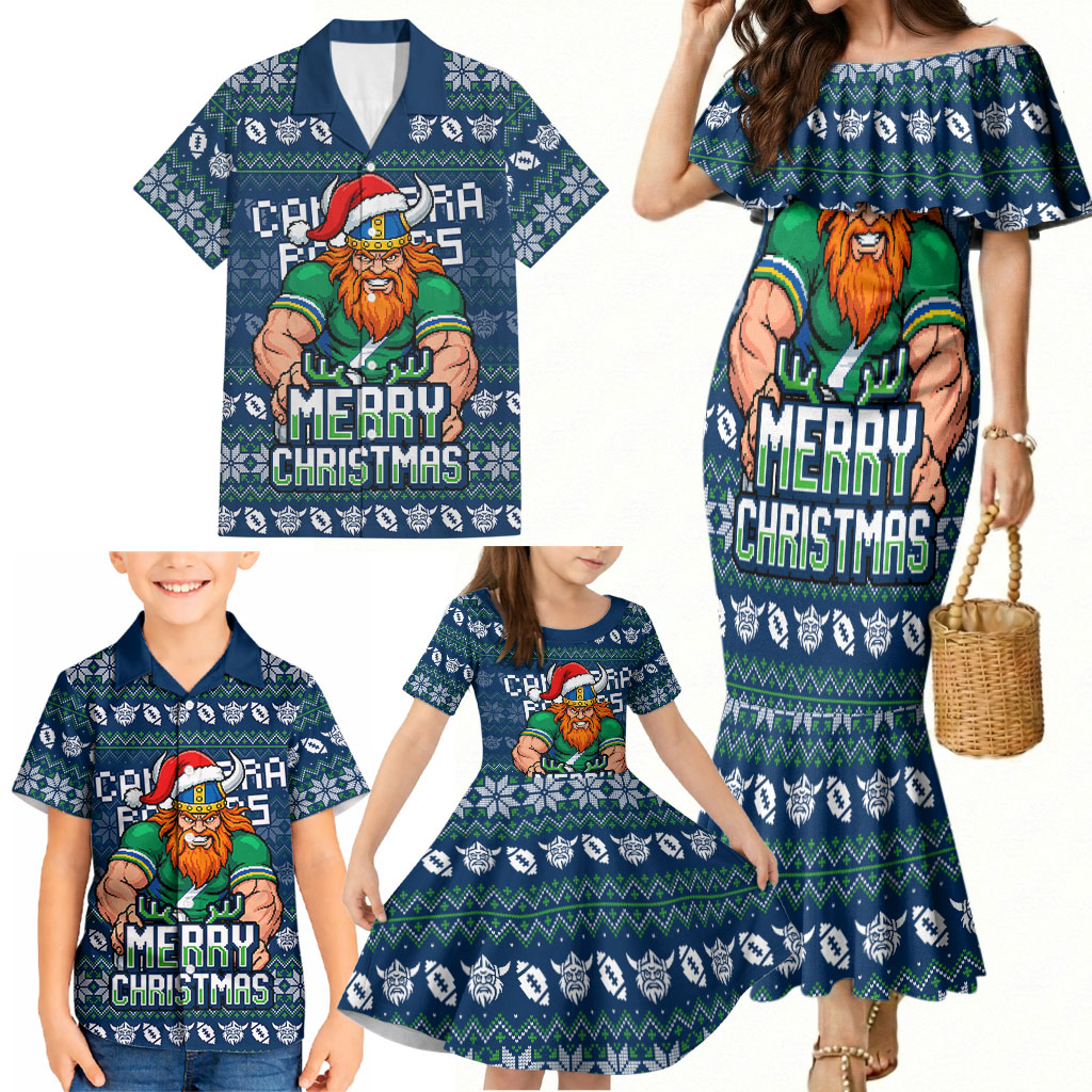 Personalized Canberra Raiders Christmas Family Matching Mermaid Dress and Hawaiian Shirt Australian Rugby Fans - Pixelated Ugly Xmas Pattern Mascot Santa