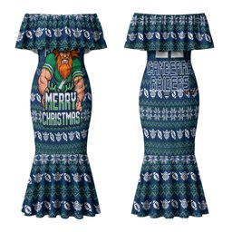 Personalized Canberra Raiders Christmas Family Matching Mermaid Dress and Hawaiian Shirt Australian Rugby Fans - Pixelated Ugly Xmas Pattern Mascot Santa