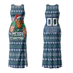 Personalized Canberra Raiders Christmas Family Matching Tank Maxi Dress and Hawaiian Shirt Australian Rugby Fans - Pixelated Ugly Xmas Pattern Mascot Santa