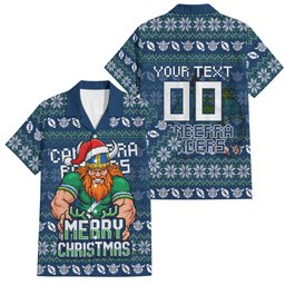 Personalized Canberra Raiders Christmas Family Matching Summer Maxi Dress and Hawaiian Shirt Australian Rugby Fans - Pixelated Ugly Xmas Pattern Mascot Santa