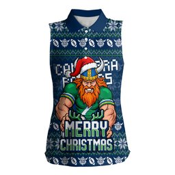 Personalized Canberra Raiders Christmas Women Sleeveless Polo Shirt Australian Rugby Fans - Pixelated Ugly Xmas Pattern Mascot Santa