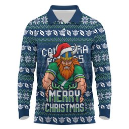 Personalized Canberra Raiders Christmas Long Sleeve Polo Shirt Australian Rugby Fans - Pixelated Ugly Xmas Pattern Mascot Santa