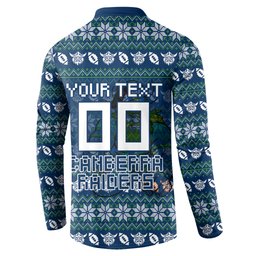 Personalized Canberra Raiders Christmas Button Sweatshirt Australian Rugby Fans - Pixelated Ugly Xmas Pattern Mascot Santa