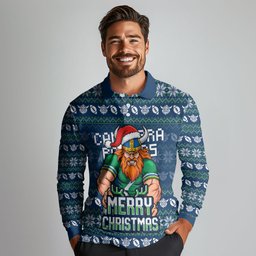 Personalized Canberra Raiders Christmas Long Sleeve Polo Shirt Australian Rugby Fans - Pixelated Ugly Xmas Pattern Mascot Santa