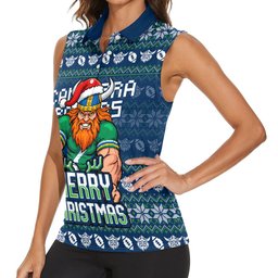 Personalized Canberra Raiders Christmas Women Sleeveless Polo Shirt Australian Rugby Fans - Pixelated Ugly Xmas Pattern Mascot Santa