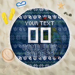 Personalized Canberra Raiders Christmas Beach Blanket Australian Rugby Fans - Pixelated Ugly Xmas Pattern Mascot Santa