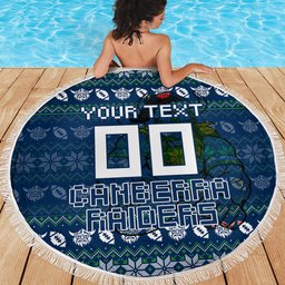Personalized Canberra Raiders Christmas Beach Blanket Australian Rugby Fans - Pixelated Ugly Xmas Pattern Mascot Santa