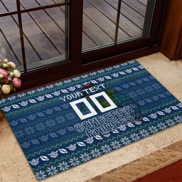 Personalized Canberra Raiders Christmas Rubber Doormat Australian Rugby Fans - Pixelated Ugly Xmas Pattern Mascot Santa