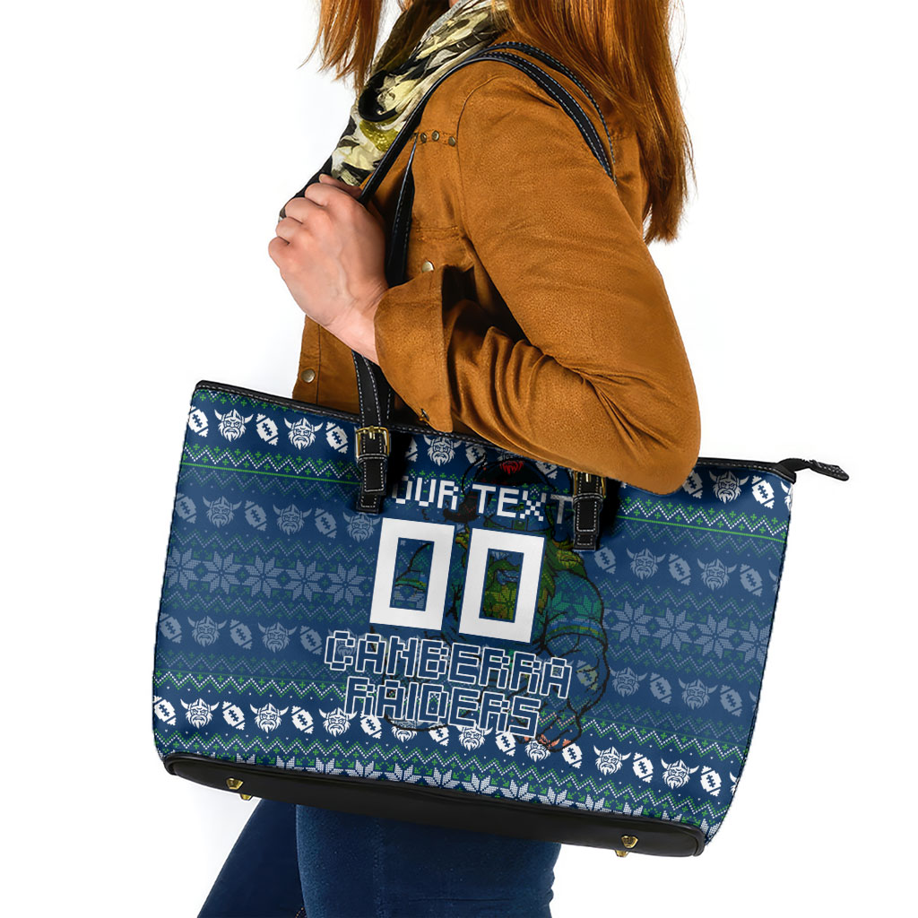 Personalized Canberra Raiders Christmas Leather Tote Bag Australian Rugby Fans - Pixelated Ugly Xmas Pattern Mascot Santa