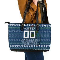Personalized Canberra Raiders Christmas Leather Tote Bag Australian Rugby Fans - Pixelated Ugly Xmas Pattern Mascot Santa