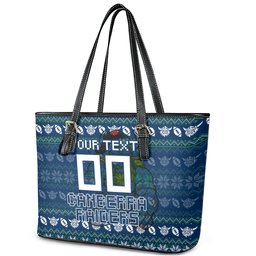 Personalized Canberra Raiders Christmas Leather Tote Bag Australian Rugby Fans - Pixelated Ugly Xmas Pattern Mascot Santa