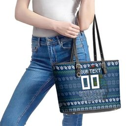 Personalized Canberra Raiders Christmas Leather Tote Bag Australian Rugby Fans - Pixelated Ugly Xmas Pattern Mascot Santa