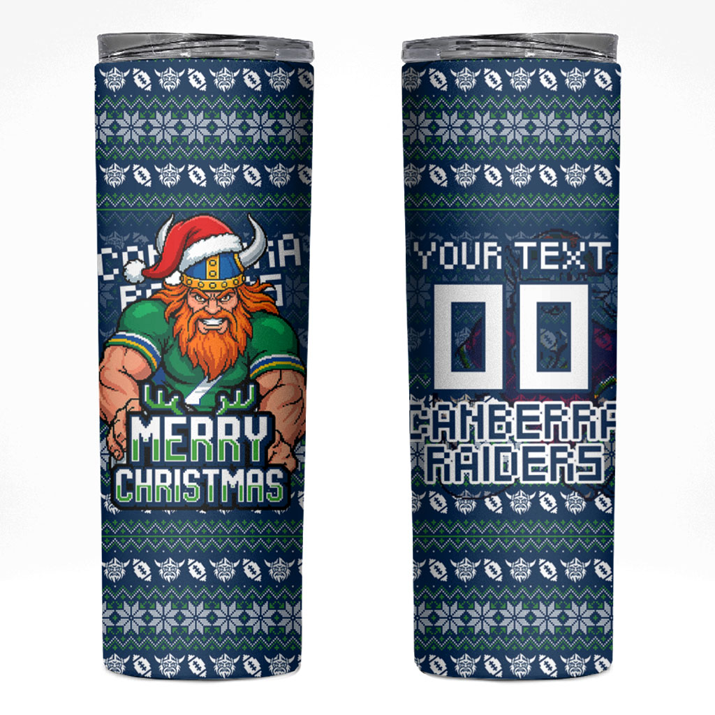 Personalized Canberra Raiders Christmas Skinny Tumbler Australian Rugby Fans - Pixelated Ugly Xmas Pattern Mascot Santa