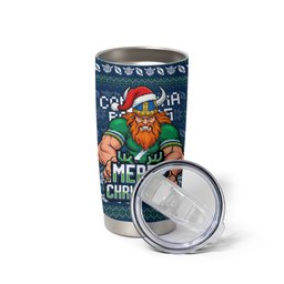 Personalized Canberra Raiders Christmas Tumbler Cup Australian Rugby Fans - Pixelated Ugly Xmas Pattern Mascot Santa