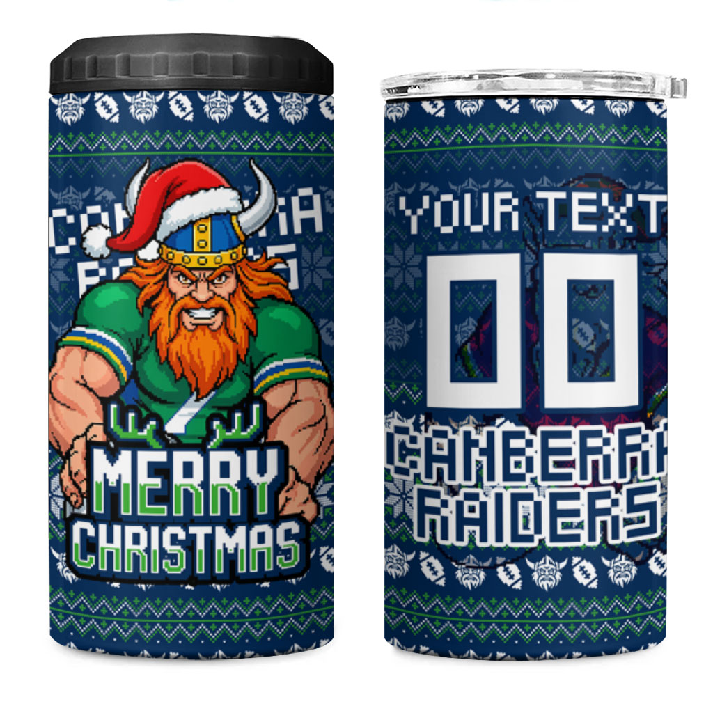 Personalized Canberra Raiders Christmas 4 in 1 Can Cooler Tumbler Australian Rugby Fans - Pixelated Ugly Xmas Pattern Mascot Santa