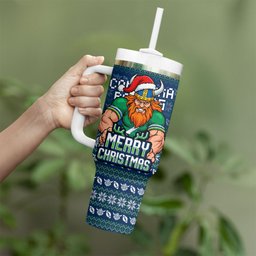 Personalized Canberra Raiders Christmas Tumbler With Handle Australian Rugby Fans - Pixelated Ugly Xmas Pattern Mascot Santa