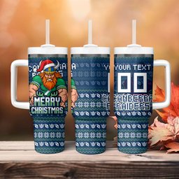 Personalized Canberra Raiders Christmas Tumbler With Handle Australian Rugby Fans - Pixelated Ugly Xmas Pattern Mascot Santa