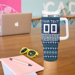 Personalized Canberra Raiders Christmas Tumbler With Handle Australian Rugby Fans - Pixelated Ugly Xmas Pattern Mascot Santa