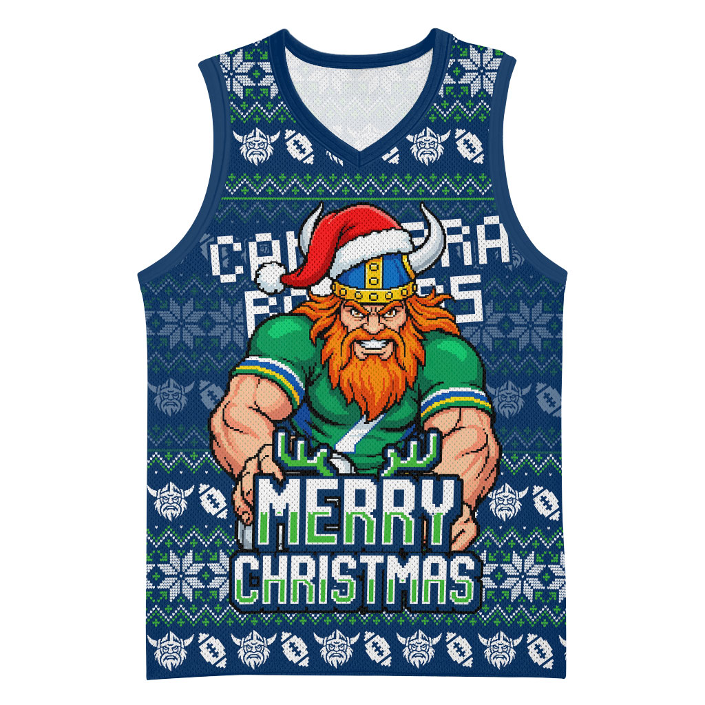 Personalized Canberra Raiders Christmas Basketball Jersey Australian Rugby Fans - Pixelated Ugly Xmas Pattern Mascot Santa