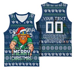 Personalized Canberra Raiders Christmas Basketball Jersey Australian Rugby Fans - Pixelated Ugly Xmas Pattern Mascot Santa
