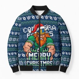 Personalized Canberra Raiders Christmas Bomber Puffer Jacket Australian Rugby Fans - Pixelated Ugly Xmas Pattern Mascot Santa