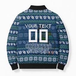 Personalized Canberra Raiders Christmas Bomber Puffer Jacket Australian Rugby Fans - Pixelated Ugly Xmas Pattern Mascot Santa