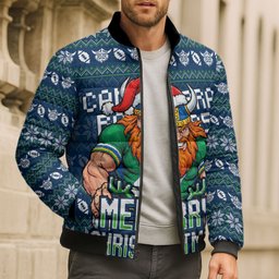 Personalized Canberra Raiders Christmas Bomber Puffer Jacket Australian Rugby Fans - Pixelated Ugly Xmas Pattern Mascot Santa