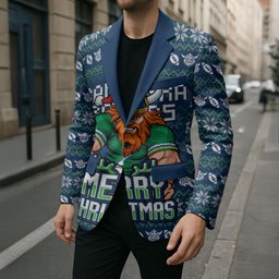 Personalized Canberra Raiders Christmas Blazer Australian Rugby Fans - Pixelated Ugly Xmas Pattern Mascot Santa