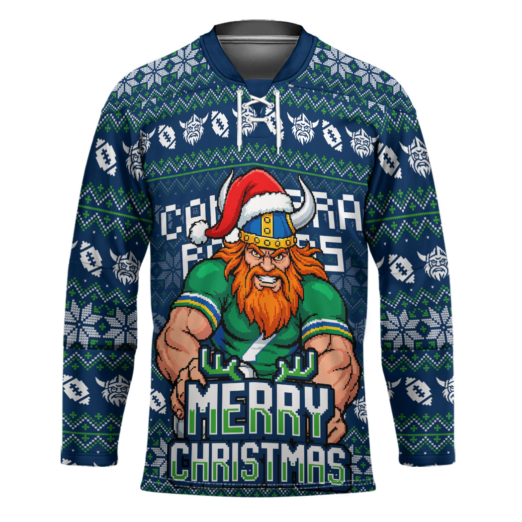 Personalized Canberra Raiders Christmas Hockey Jersey Australian Rugby Fans - Pixelated Ugly Xmas Pattern Mascot Santa