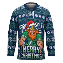 Personalized Canberra Raiders Christmas Hockey Jersey Australian Rugby Fans - Pixelated Ugly Xmas Pattern Mascot Santa