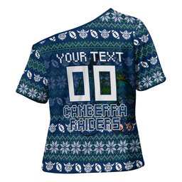 Personalized Canberra Raiders Christmas Cross Shoulder Shirt Australian Rugby Fans - Pixelated Ugly Xmas Pattern Mascot Santa
