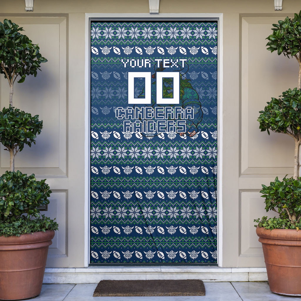 Personalized Canberra Raiders Christmas Door Cover Australian Rugby Fans - Pixelated Ugly Xmas Pattern Mascot Santa