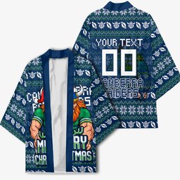 Personalized Canberra Raiders Christmas Kimono Australian Rugby Fans - Pixelated Ugly Xmas Pattern Mascot Santa
