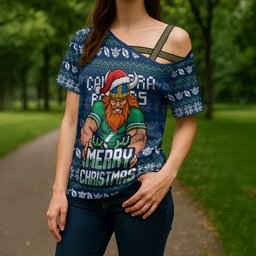 Personalized Canberra Raiders Christmas Cross Shoulder Shirt Australian Rugby Fans - Pixelated Ugly Xmas Pattern Mascot Santa