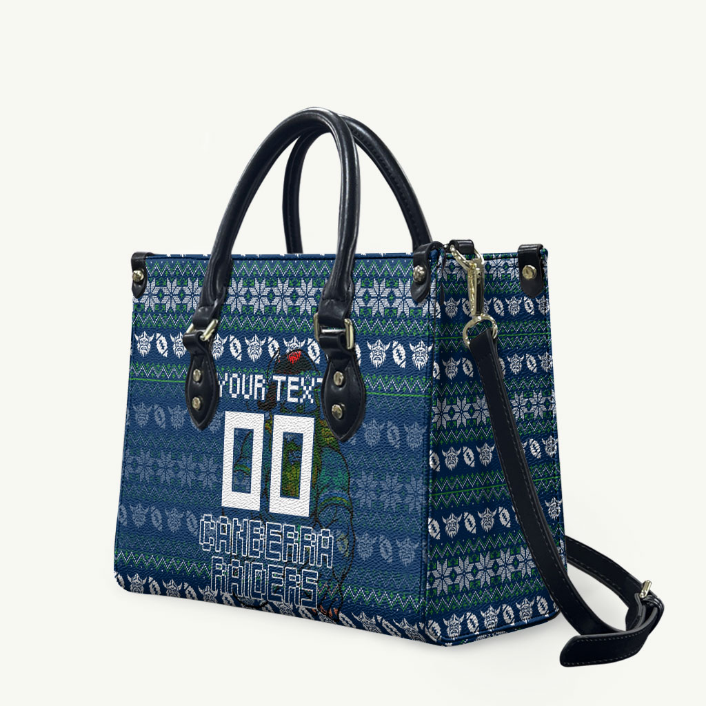Personalized Canberra Raiders Christmas Leather Bag Australian Rugby Fans - Pixelated Ugly Xmas Pattern Mascot Santa