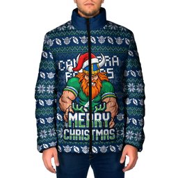 Personalized Canberra Raiders Christmas Padded Jacket Australian Rugby Fans - Pixelated Ugly Xmas Pattern Mascot Santa