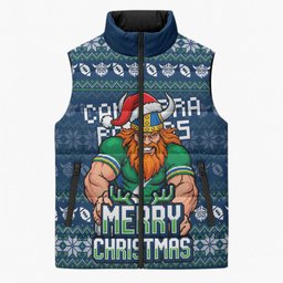 Personalized Canberra Raiders Christmas Sleeveless Puffer Jacket Australian Rugby Fans - Pixelated Ugly Xmas Pattern Mascot Santa