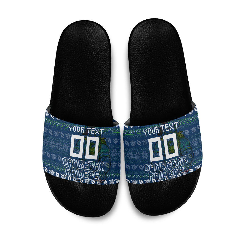 Personalized Canberra Raiders Christmas Slide Sandals Australian Rugby Fans - Pixelated Ugly Xmas Pattern Mascot Santa