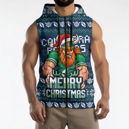 Personalized Canberra Raiders Christmas Sleeveless Zip Hoodie Australian Rugby Fans - Pixelated Ugly Xmas Pattern Mascot Santa