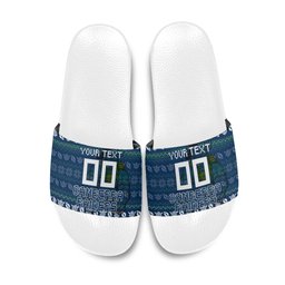 Personalized Canberra Raiders Christmas Slide Sandals Australian Rugby Fans - Pixelated Ugly Xmas Pattern Mascot Santa