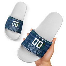Personalized Canberra Raiders Christmas Slide Sandals Australian Rugby Fans - Pixelated Ugly Xmas Pattern Mascot Santa