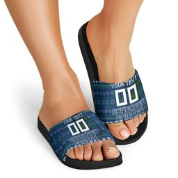 Personalized Canberra Raiders Christmas Slide Sandals Australian Rugby Fans - Pixelated Ugly Xmas Pattern Mascot Santa