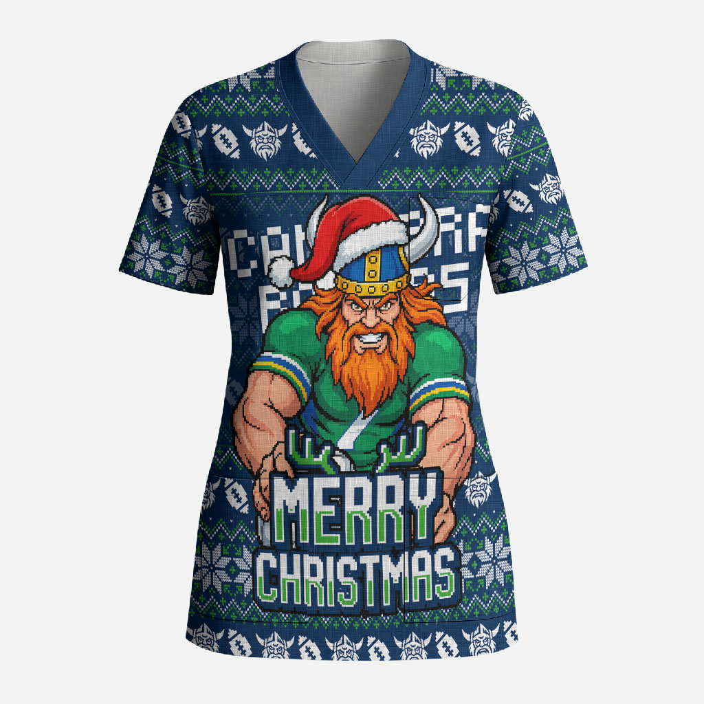 Personalized Canberra Raiders Christmas Scrub Top Australian Rugby Fans - Pixelated Ugly Xmas Pattern Mascot Santa
