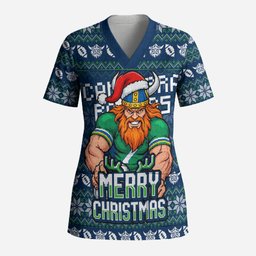 Personalized Canberra Raiders Christmas Scrub Top Australian Rugby Fans - Pixelated Ugly Xmas Pattern Mascot Santa