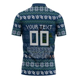 Personalized Canberra Raiders Christmas Zipper Polo Shirt Australian Rugby Fans - Pixelated Ugly Xmas Pattern Mascot Santa