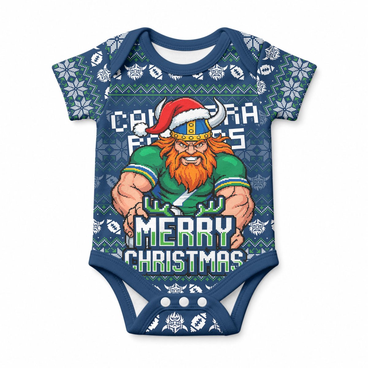 Personalized Canberra Raiders Christmas Baby Onesie Australian Rugby Fans - Pixelated Ugly Xmas Pattern Mascot Santa