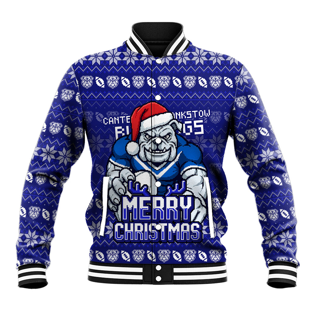 Personalized Canterbury Bulldogs Christmas Baseball Jacket Australian Rugby Fans - Pixelated Ugly Xmas Pattern Mascot Santa